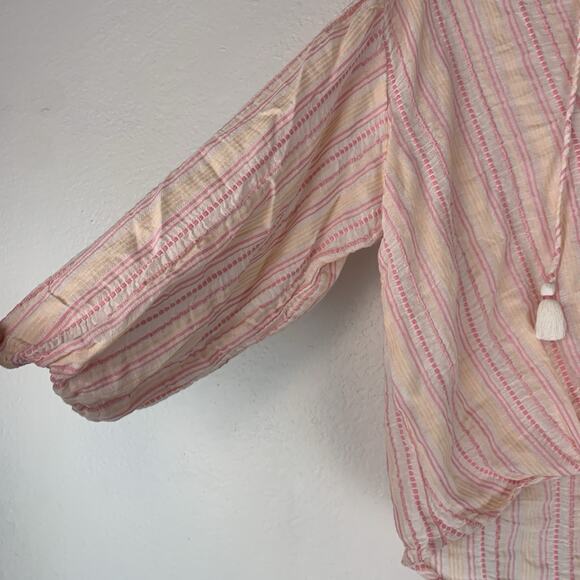 Lou & Grey Shirt XS Embroidered Stripes Faux Wrap Surplice Tassels Boho - Picture 2 of 9